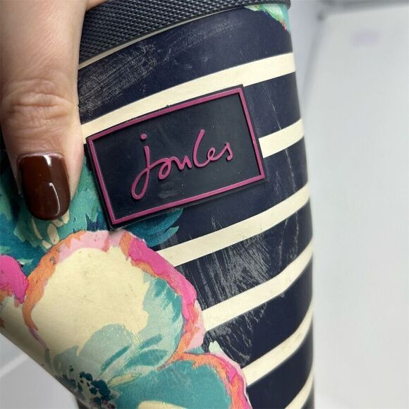 Joules Navy Blue Watercolor Floral Stripe Rain Boots Size 8 **small flaw** - Picture 13 of 16